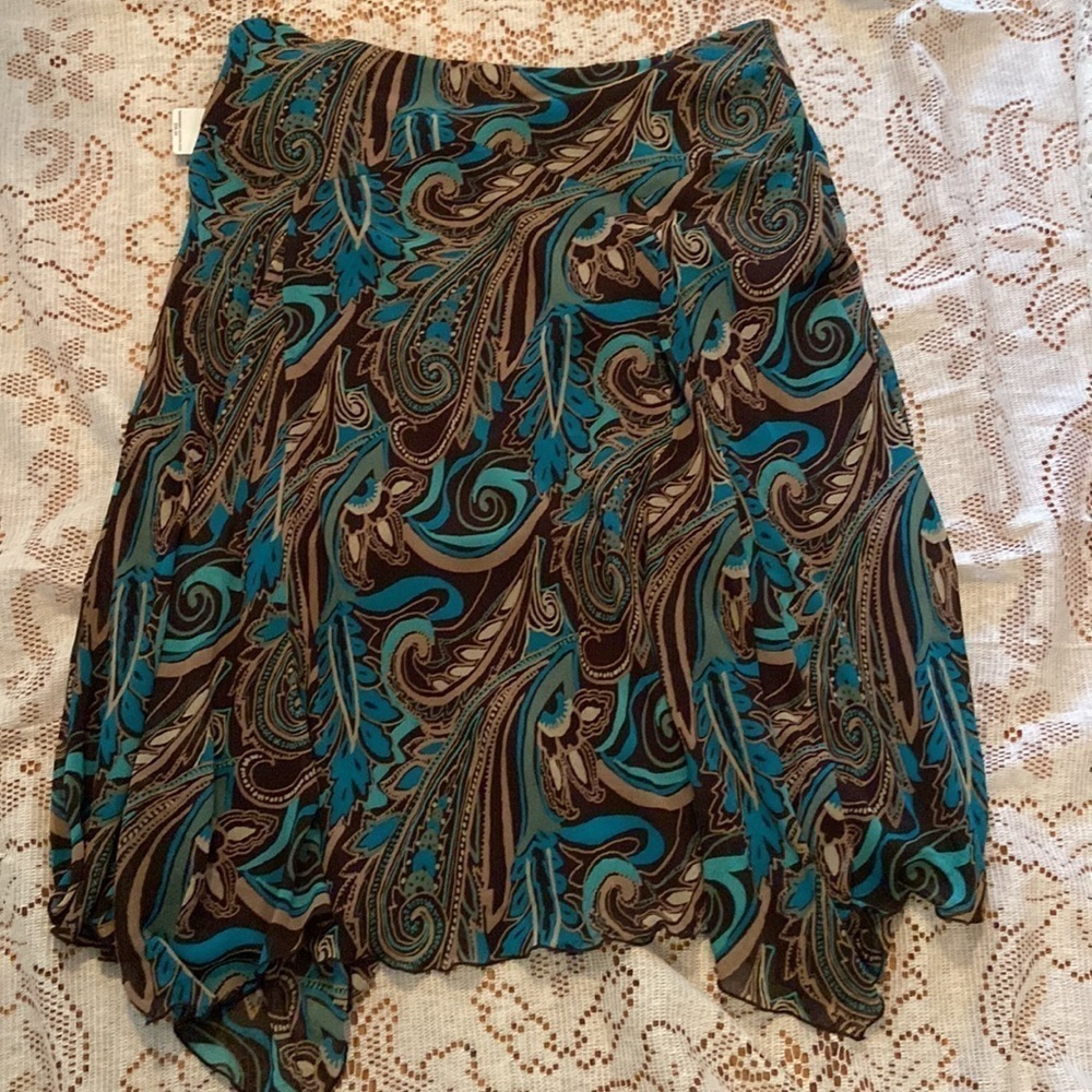 NWT Bandolino Skirt Paisley Hi Low Hem Blue Tan Brown Lined 14 - Picture 3 of 8